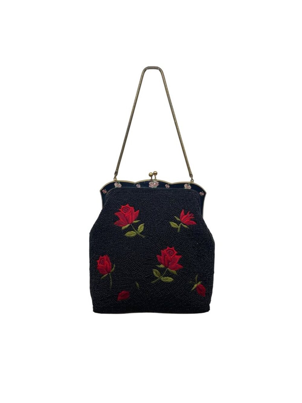 1940's Handmade Beaded Women’s Black Fabric & Gold Frame Rose Embroidered Purse